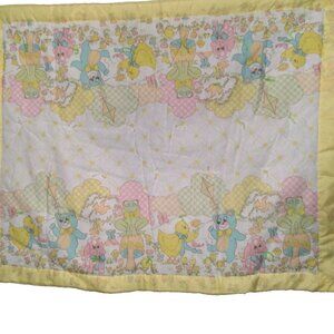 Vintage Baby Blanket Quilted Hand Tied Animals Mushroom Frog Nylon Trim Kitschy